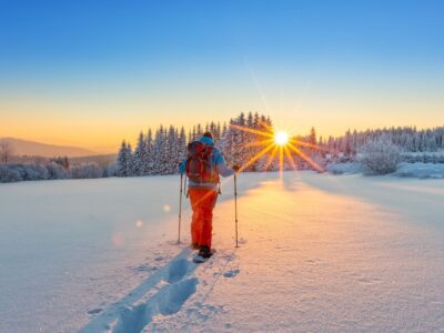 Snowshoeing on a frozen lake in winter.