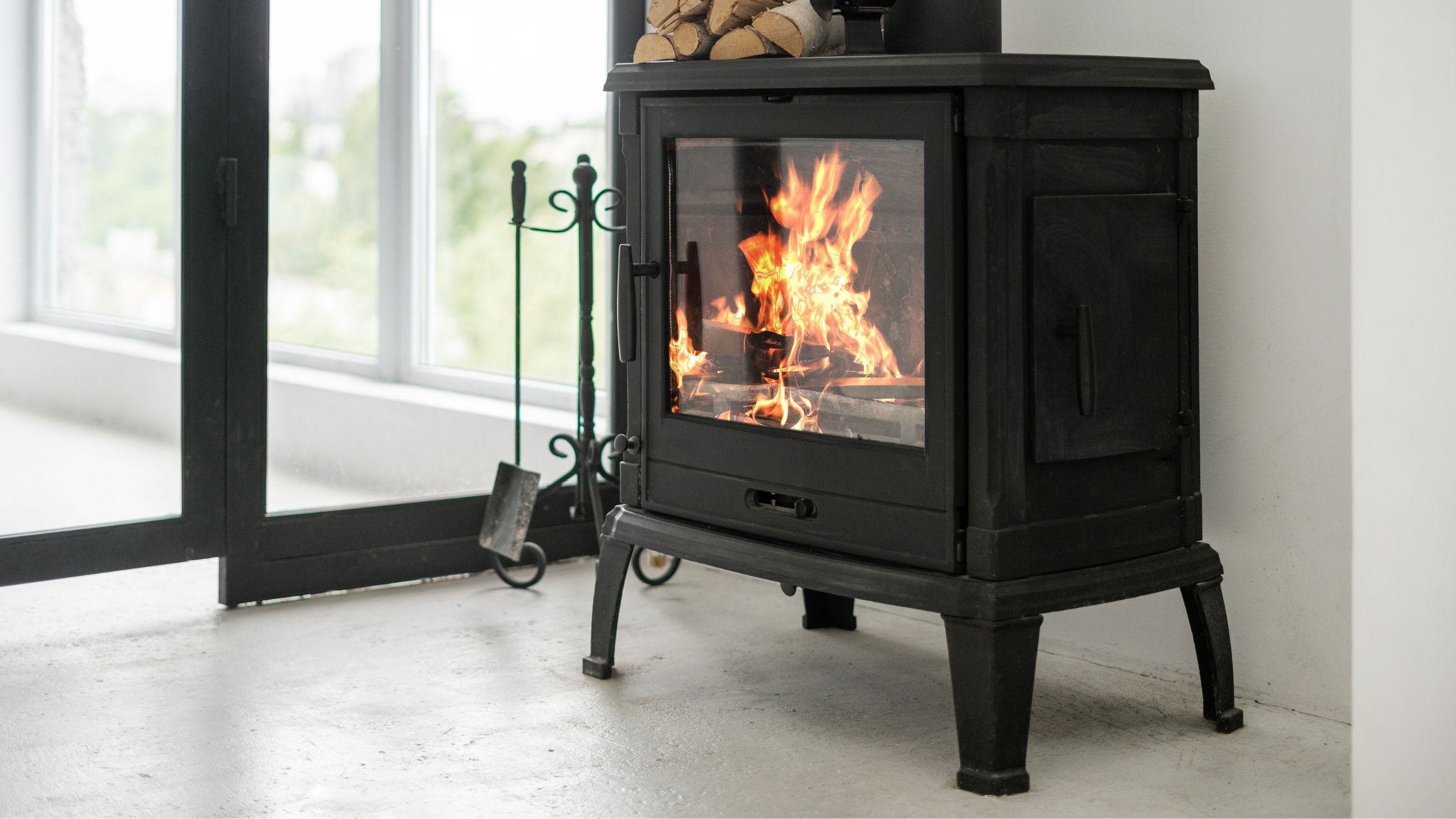 Wood burning stove that burns logs.