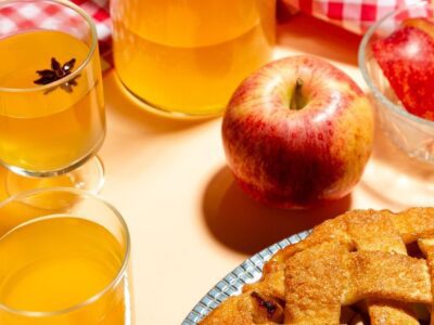 Apple pie and glasses of apple cider