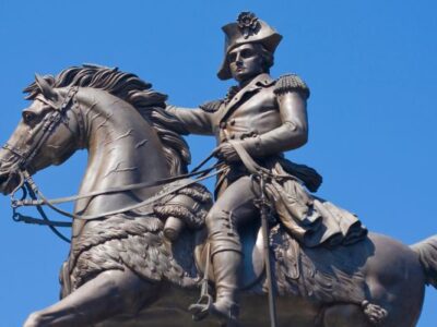 George Washington Statue against blue sky in Richmond, Virginia.