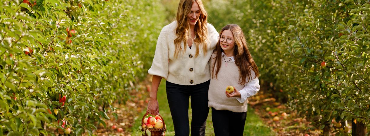 Mother with daughter picking apples in an orchard